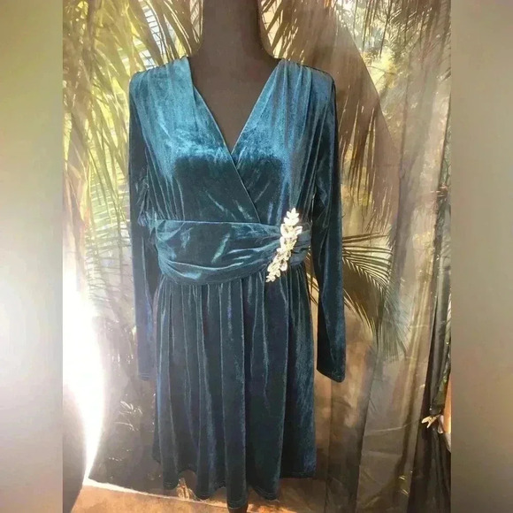 Deep Teal Long Sleeve Ruched Embellished Velvet Gown size small XL Medium large - Picture 8 of 15